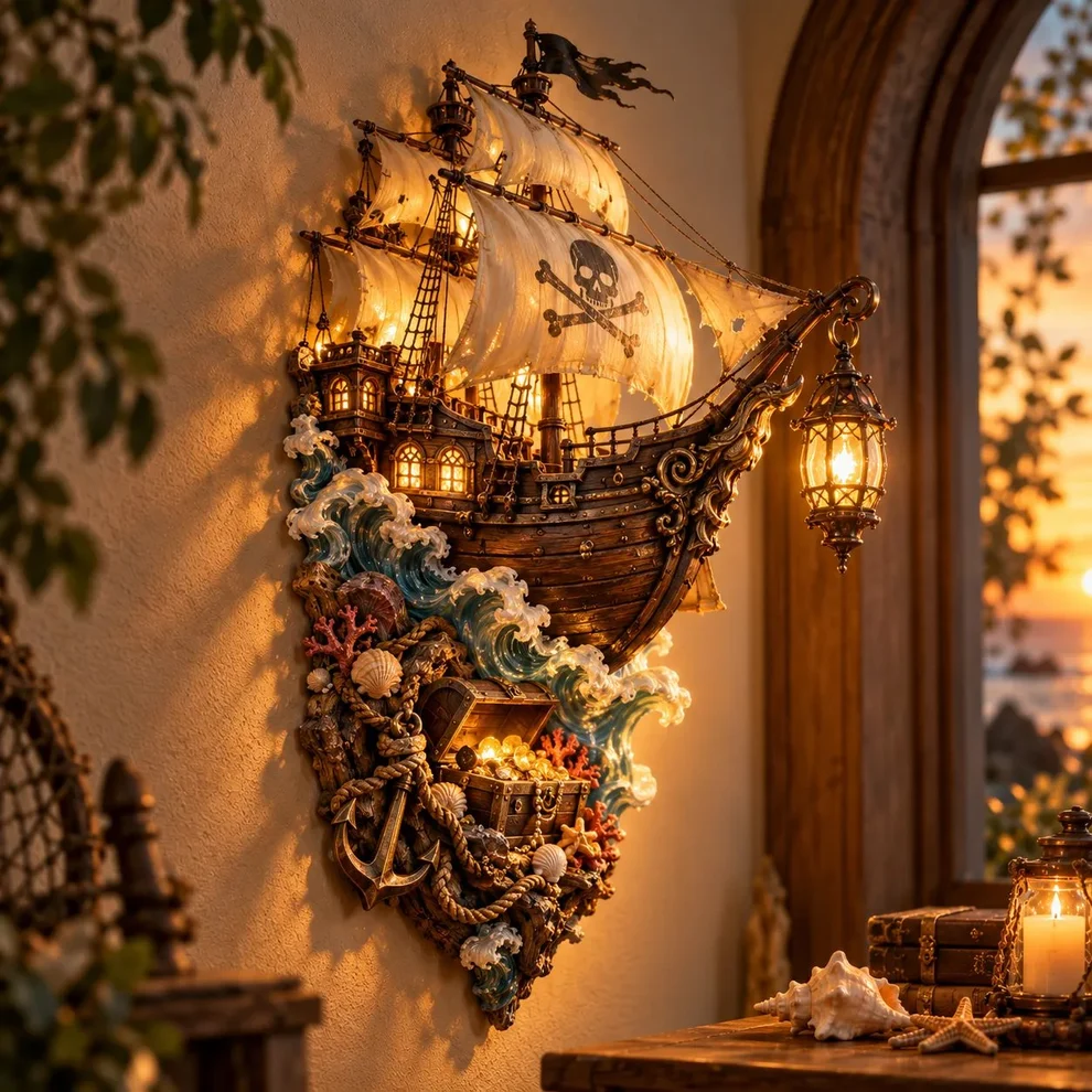 🏴☠️⛵🔥 Illuminated Pirate Ship Wall Lantern | Glowing Ghost Ship & Treasure Chest Sculpture, Nautical Fantasy Coastal Wall Décor