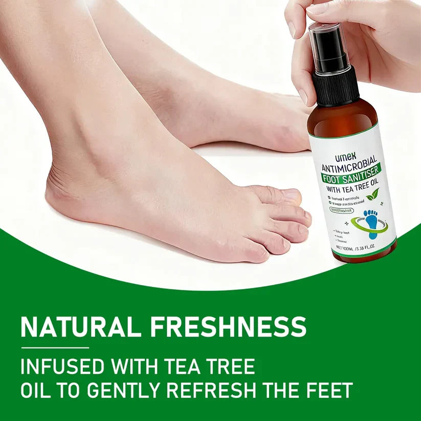 VitalHerb Life的Umex茶树足喷剂，展示喷雾瓶及使用场景，快速除菌除味，适合足部护理。