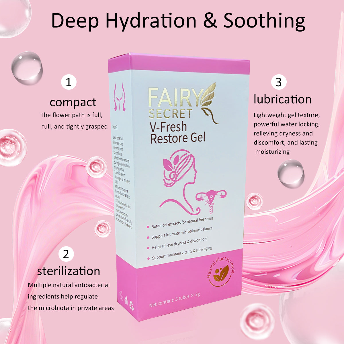 FairySecret® V-Fresh Restore Gel瓶装，女性私密护理产品，透明凝胶质地，适合日常护理使用