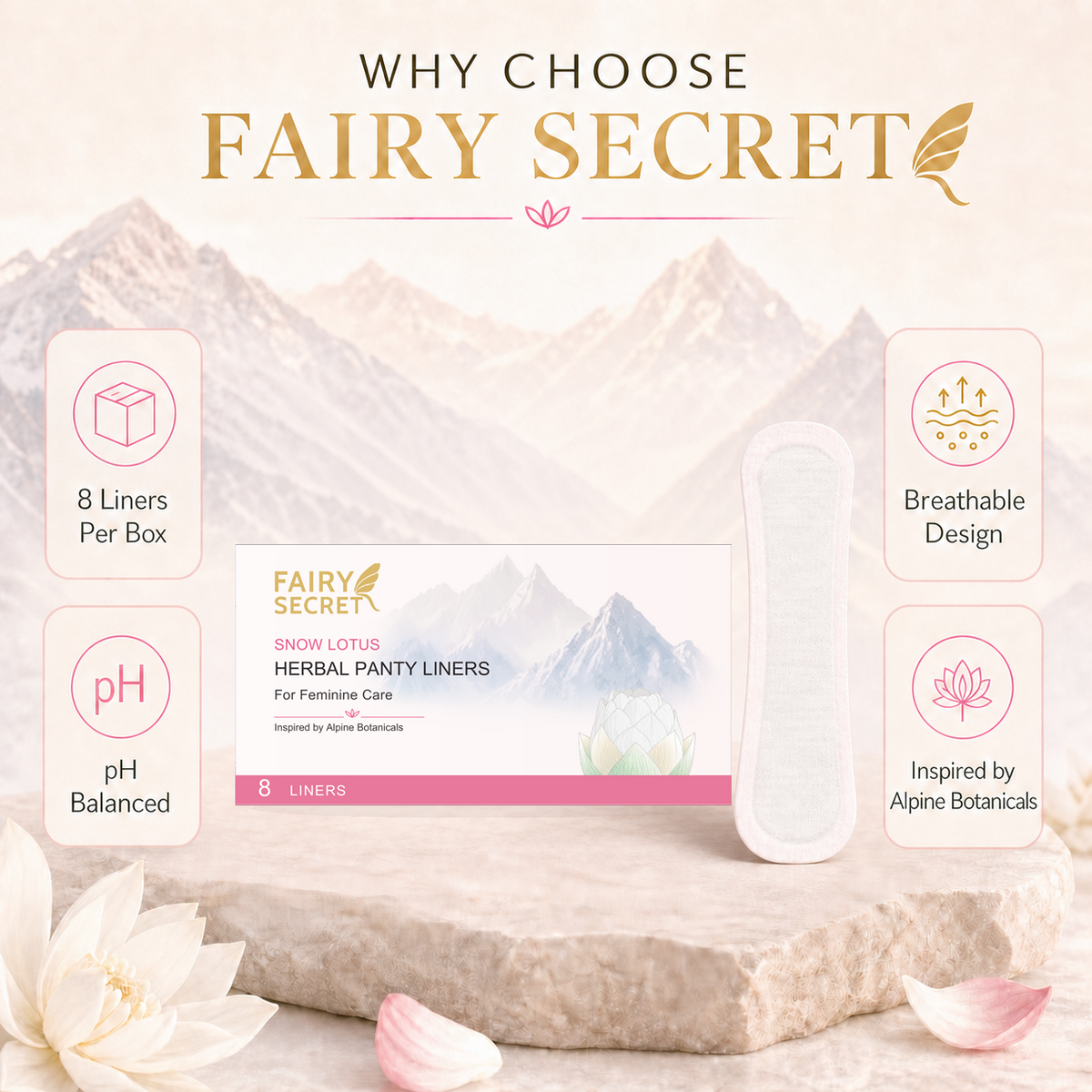 自然纯净的FairySecret®女性蒸汽垫，含雪莲和七种草药，用于女性健康护理。