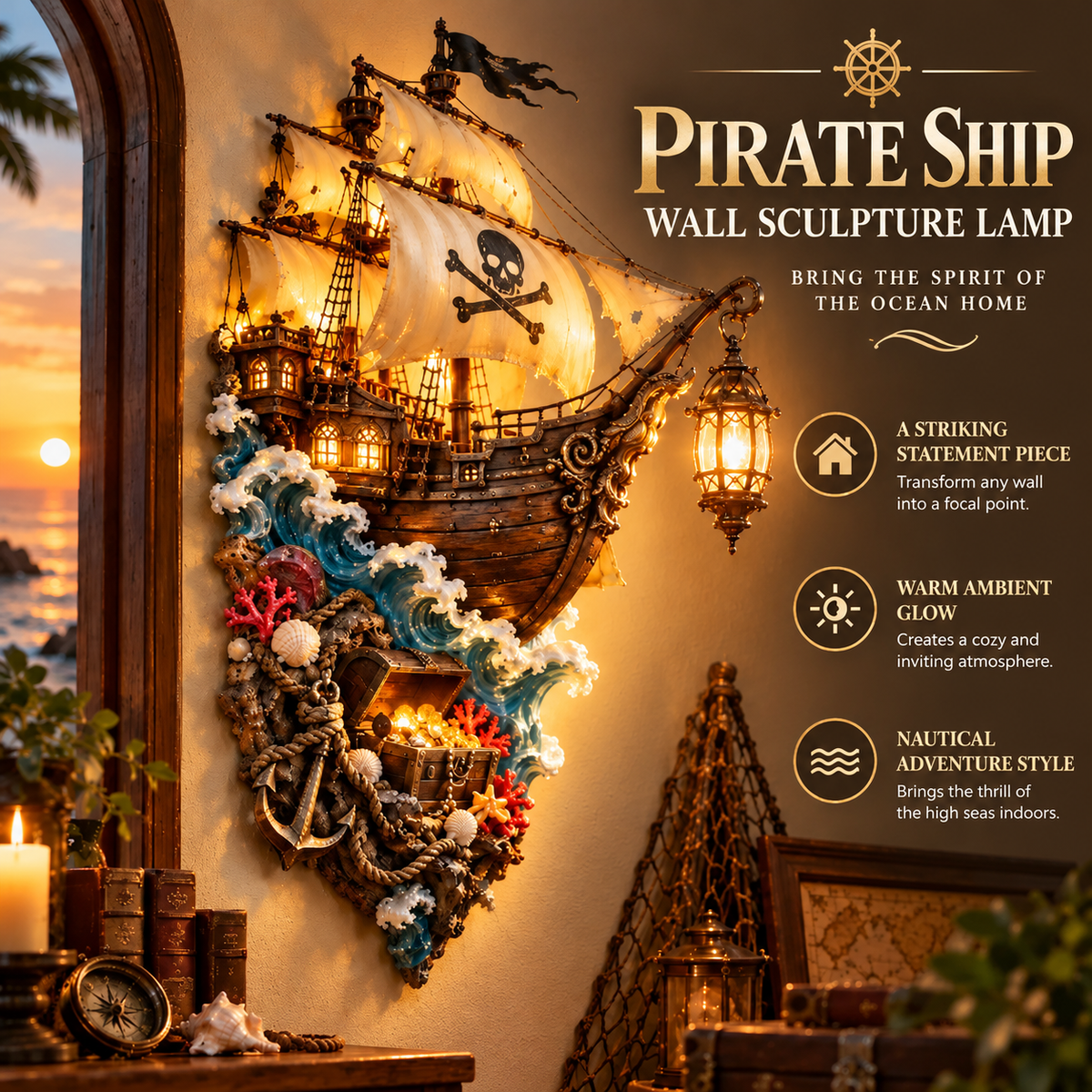 🏴‍☠️⛵🔥 Illuminated Pirate Ship Wall Lantern | Glowing Ghost Ship & Treasure Chest Sculpture, Nautical Fantasy Coastal Wall Décor