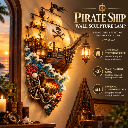 🏴‍☠️⛵🔥 Illuminated Pirate Ship Wall Lantern | Glowing Ghost Ship & Treasure Chest Sculpture, Nautical Fantasy Coastal Wall Décor