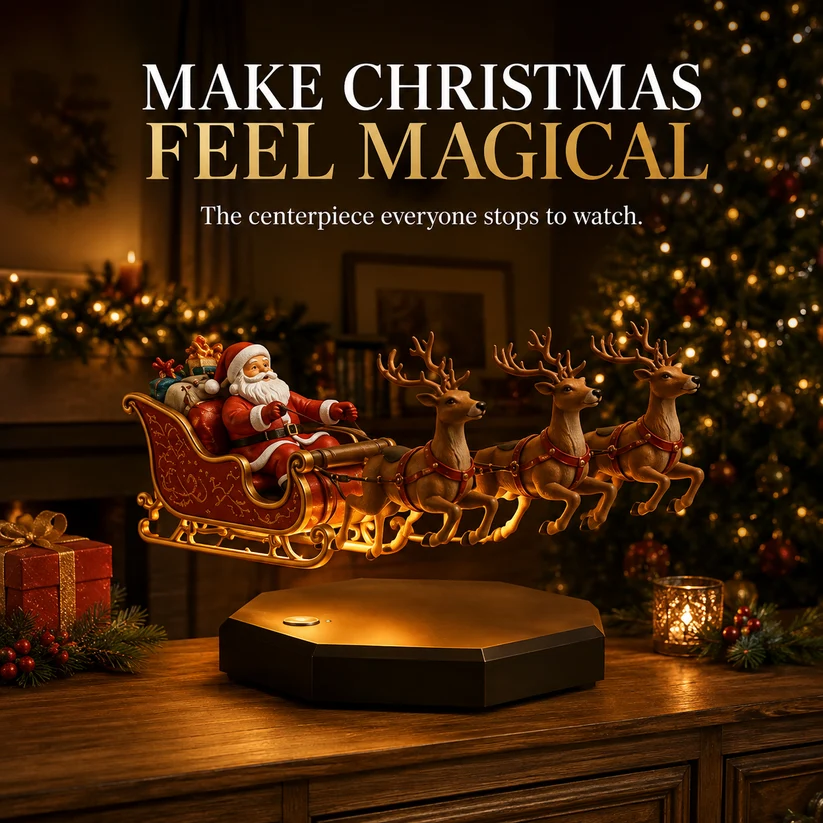🎅 Floating Santa Sleigh with 3 Reindeer – Magnetic Levitation Christmas Display 💗