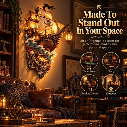 🏴‍☠️⛵🔥 Illuminated Pirate Ship Wall Lantern | Glowing Ghost Ship & Treasure Chest Sculpture, Nautical Fantasy Coastal Wall Décor