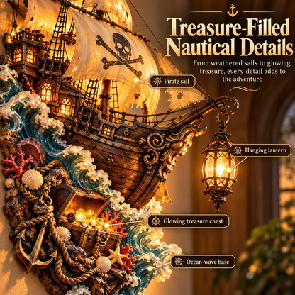 🏴‍☠️⛵🔥 Illuminated Pirate Ship Wall Lantern | Glowing Ghost Ship & Treasure Chest Sculpture, Nautical Fantasy Coastal Wall Décor