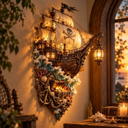 🏴‍☠️⛵🔥 Illuminated Pirate Ship Wall Lantern | Glowing Ghost Ship & Treasure Chest Sculpture, Nautical Fantasy Coastal Wall Décor