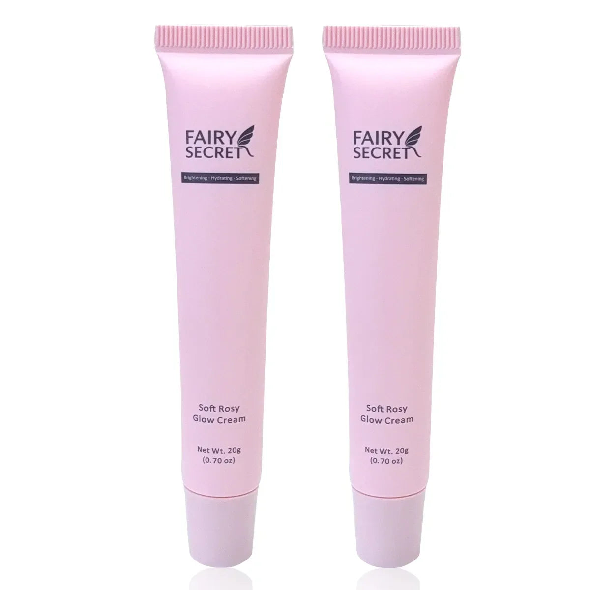 柔软玫瑰光乳霜，适合细腻肌肤，来自FairySecret®，由GlanceWell品牌制造，瓶装展示。