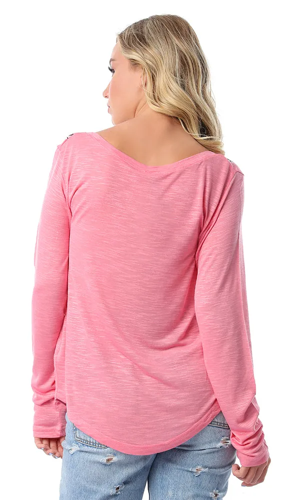 54198 New Print Crew Neck Long Sleeves Coral Top