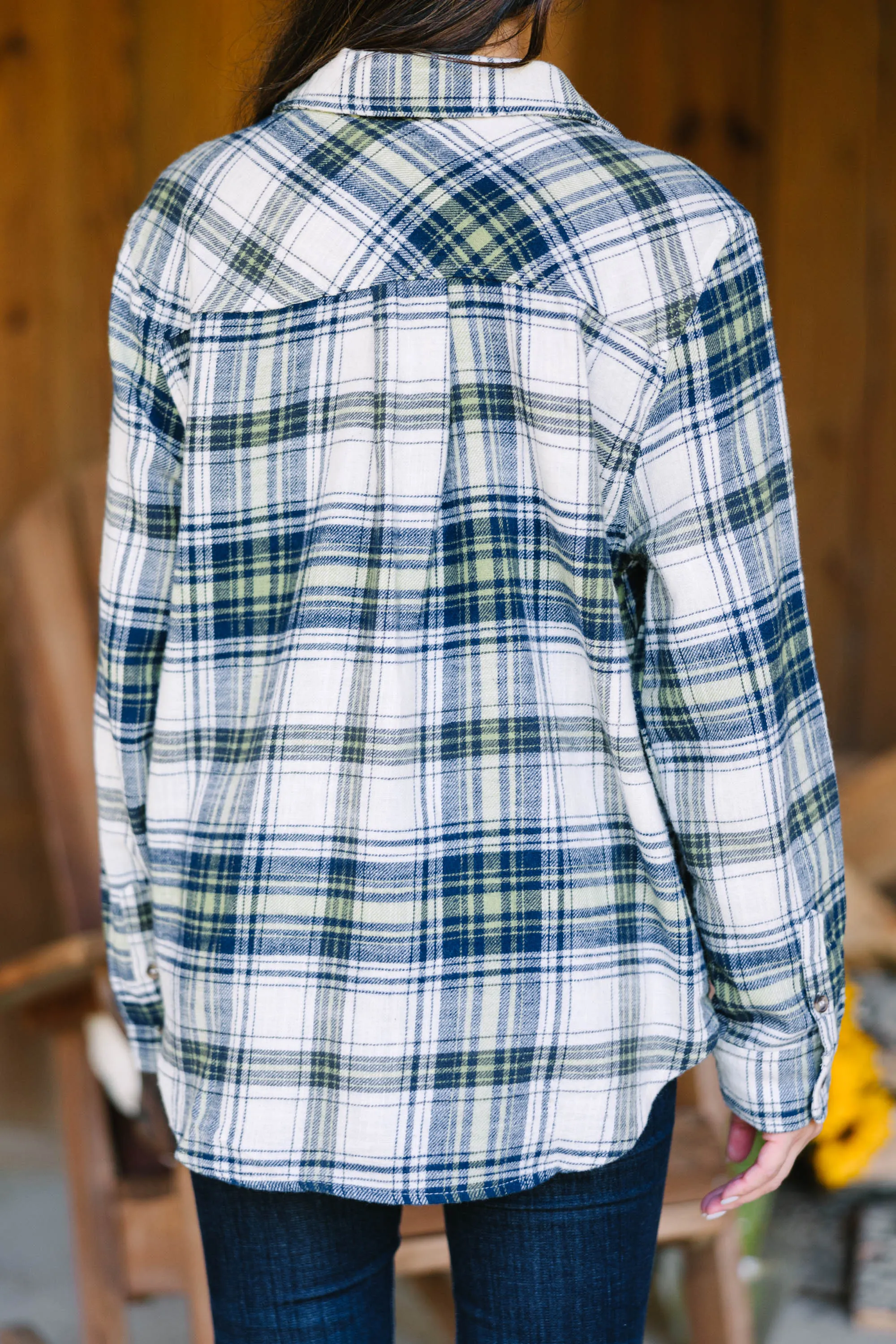 All Figured Out Navy Blue Plaid Button Down Top