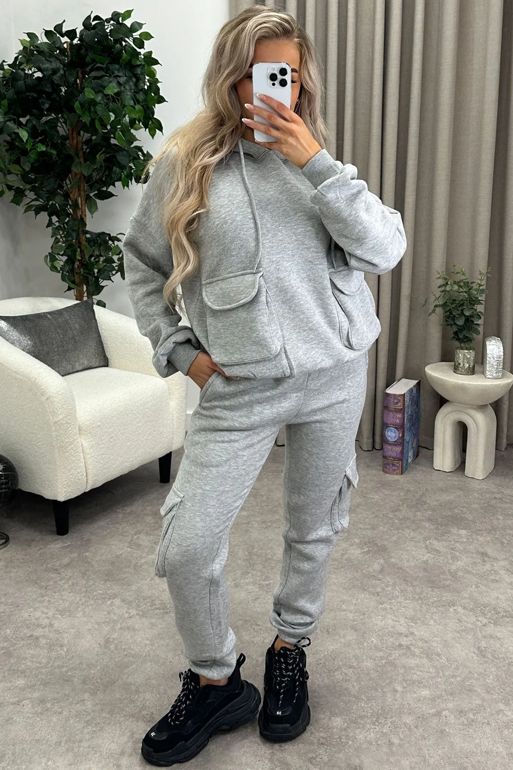 Amani Grey Utility Cargo Pocket Oversized Hoodie and Joggers Tracksuit Set