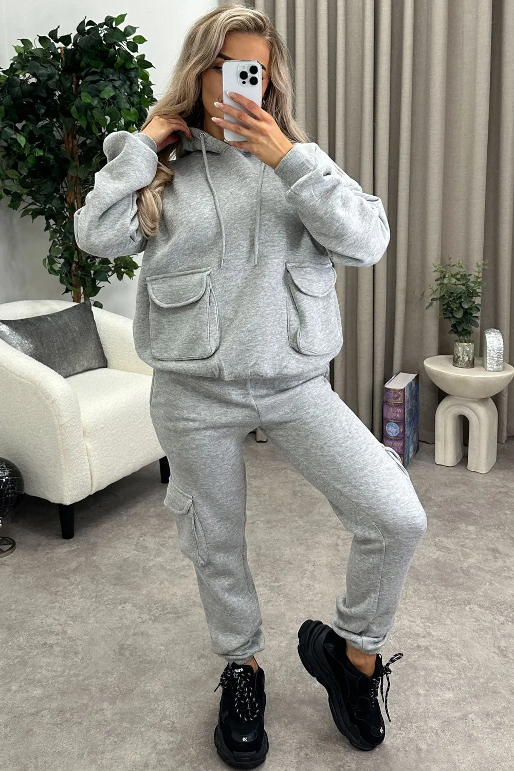 Amani Grey Utility Cargo Pocket Oversized Hoodie and Joggers Tracksuit Set