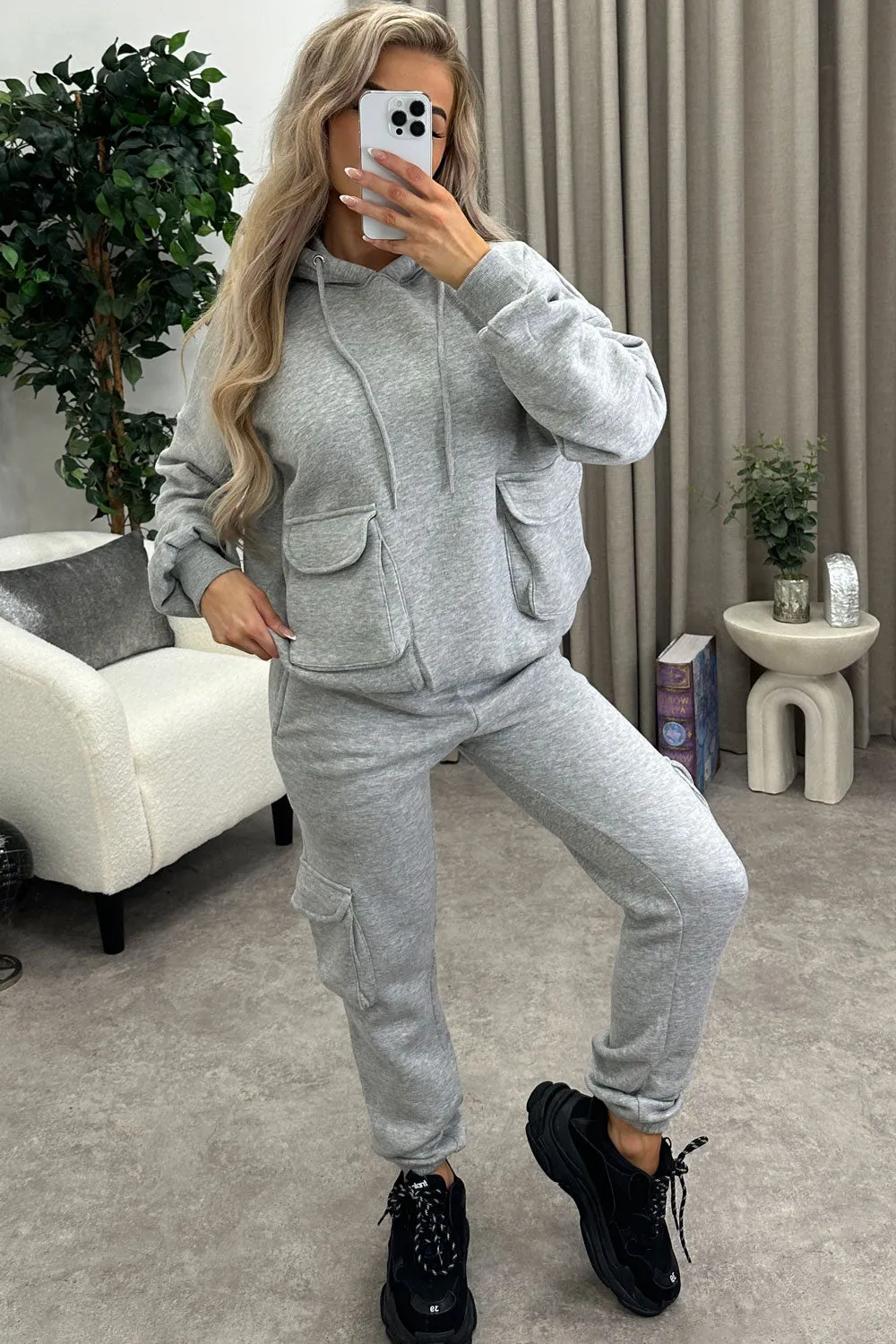 Amani Grey Utility Cargo Pocket Oversized Hoodie and Joggers Tracksuit Set