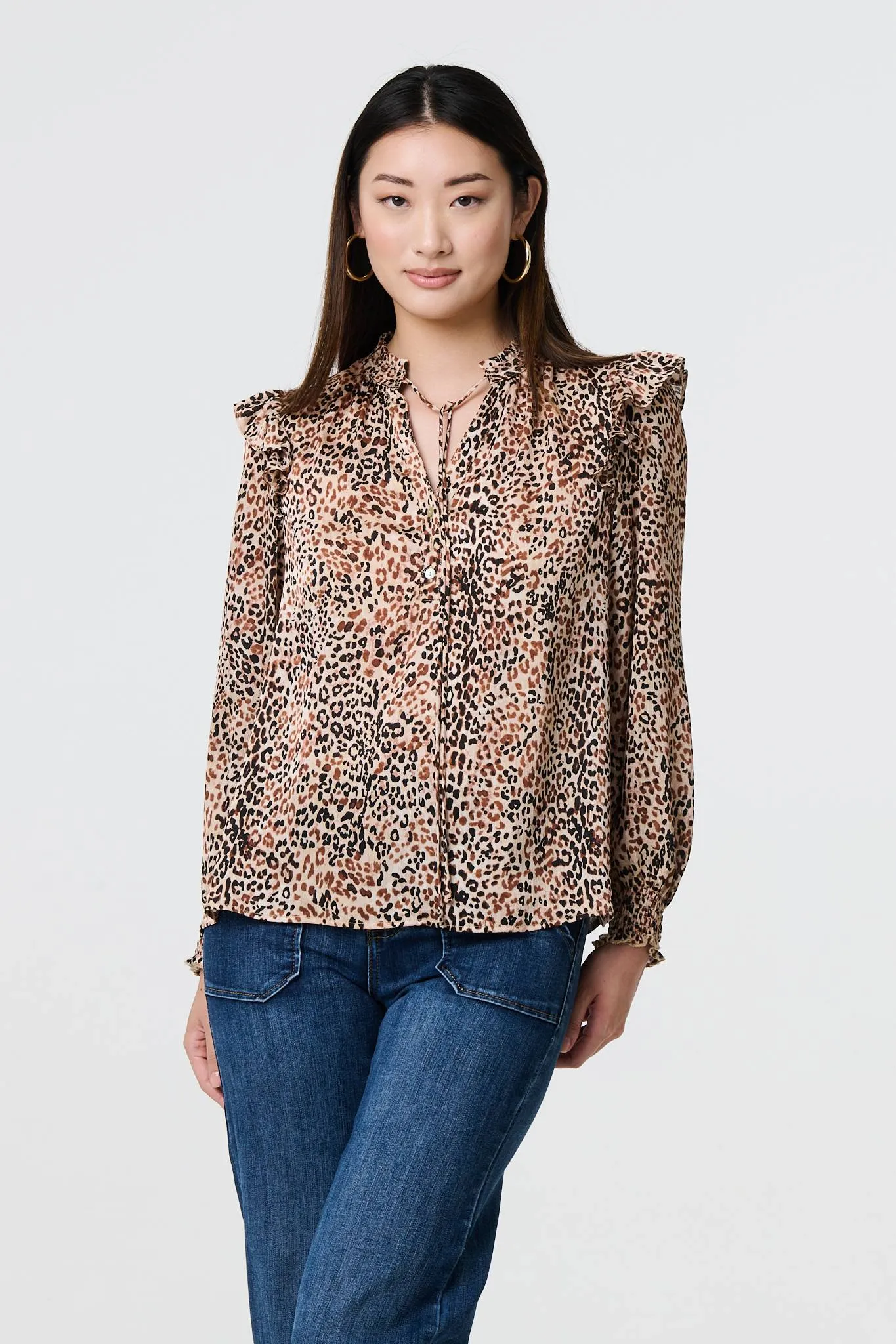 Animal Print Tie-Up Keyhole Neck Blouse