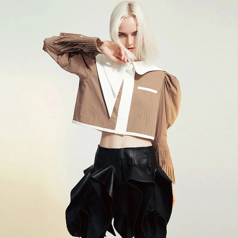 Asymmetrical Layered Collar Puff Sleeve Contrast Frilled Trim Crop Blouse