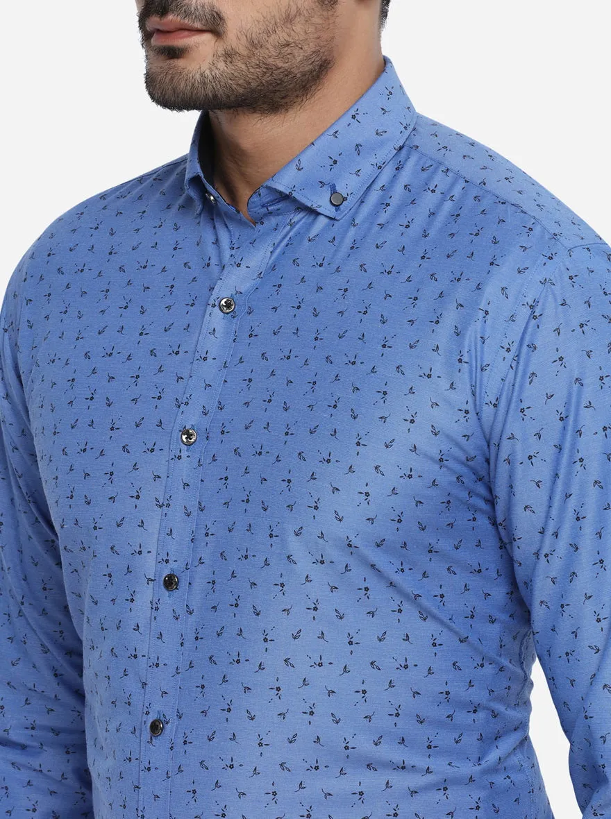 Azure Blue Printed Slim Fit Party wear Shirt | Greenfibre