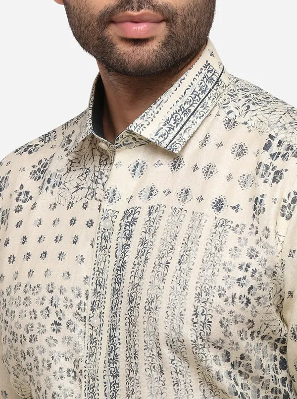 Beige & Grey Printed Slim Fit Party Wear Shirt | JB Studio