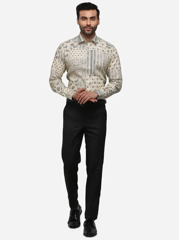 Beige & Grey Printed Slim Fit Party Wear Shirt | JB Studio