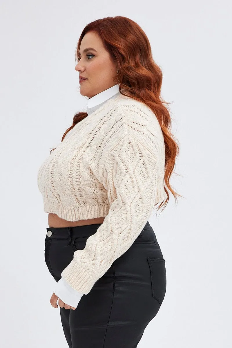 Beige Cable Knit Jumper Crop Faux Layered