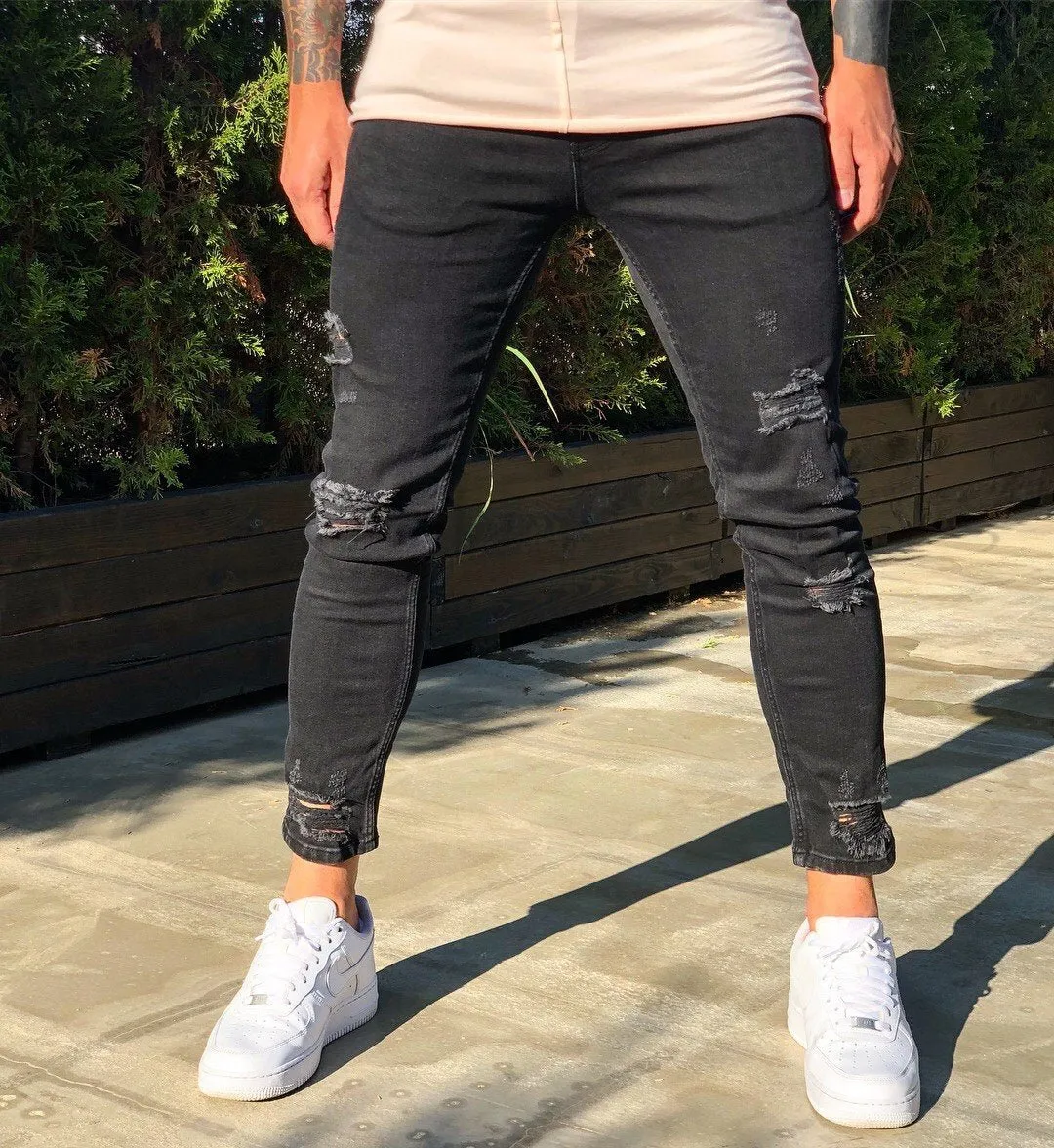 Black Distressed Skinny Fit Denim B262 Streetwear Jeans