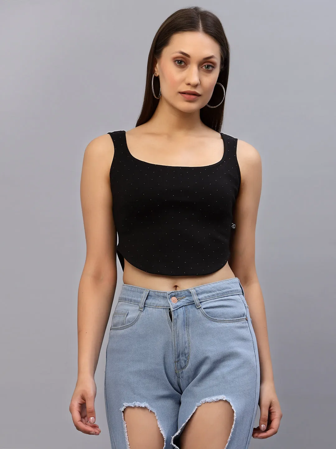 Black Self Texture Sleeveless Crop Top