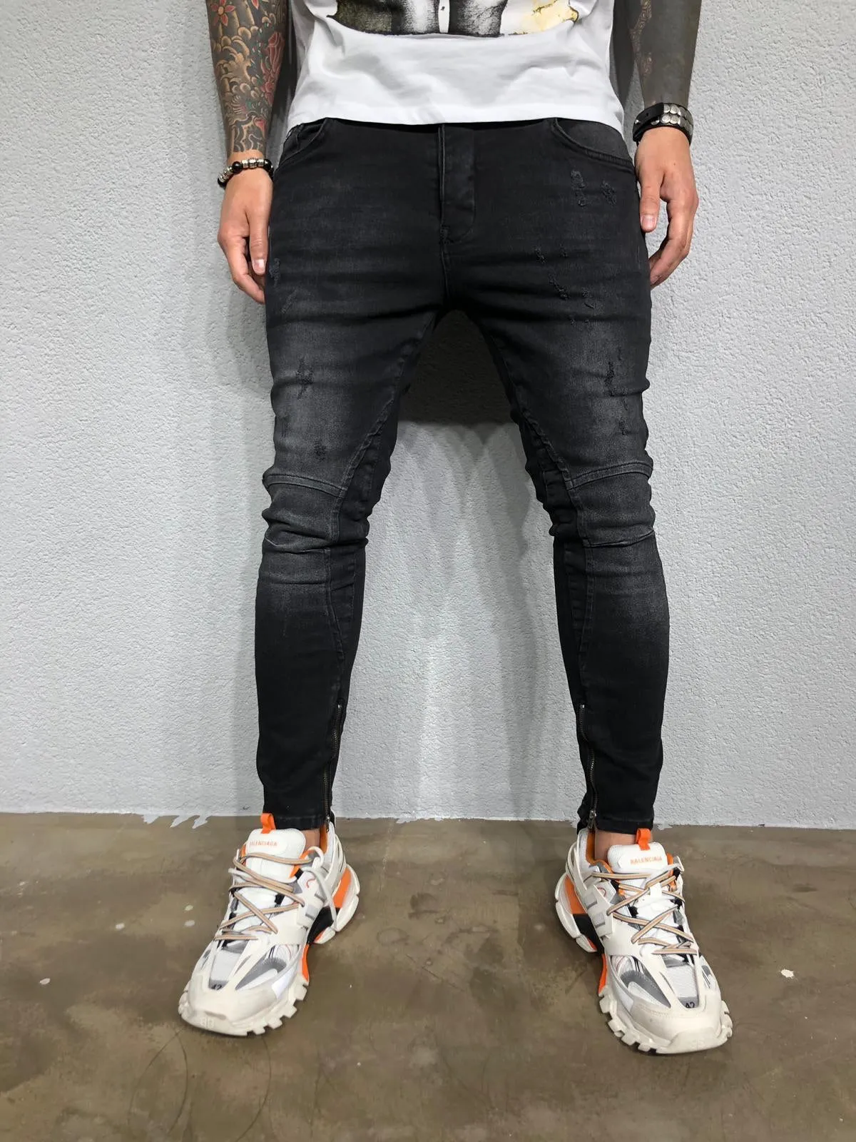 Black Washed Ankle Zip Distressed Ultra Skinny Pant BL433 Streetwear Jeans