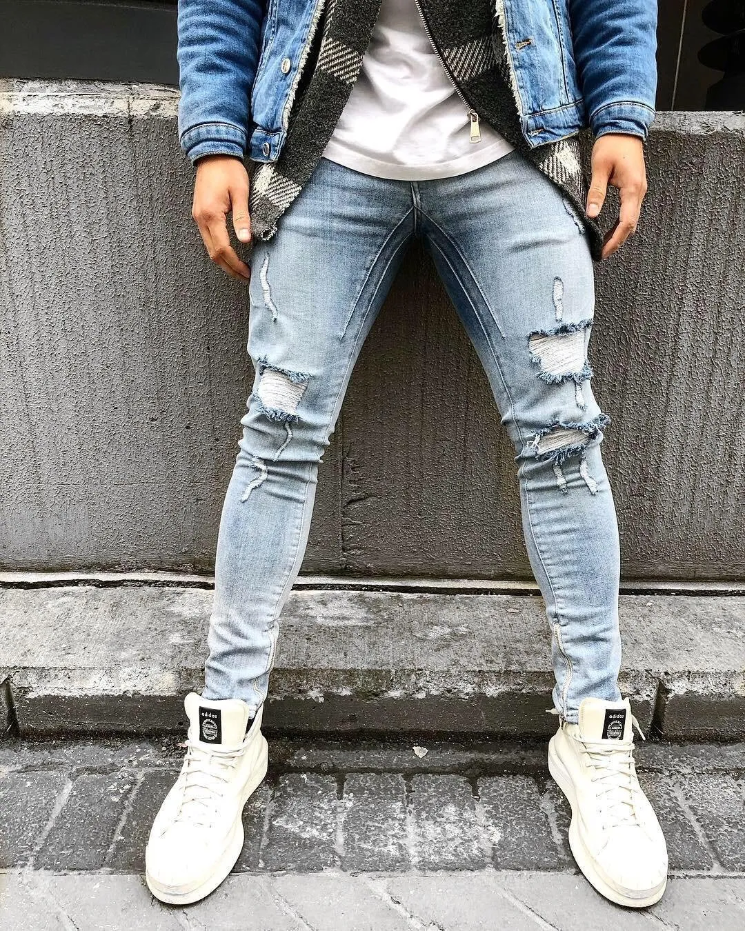 Blue Washed Ripped Ultra Skinny Jeans B322 Streetwear Mens Jeans