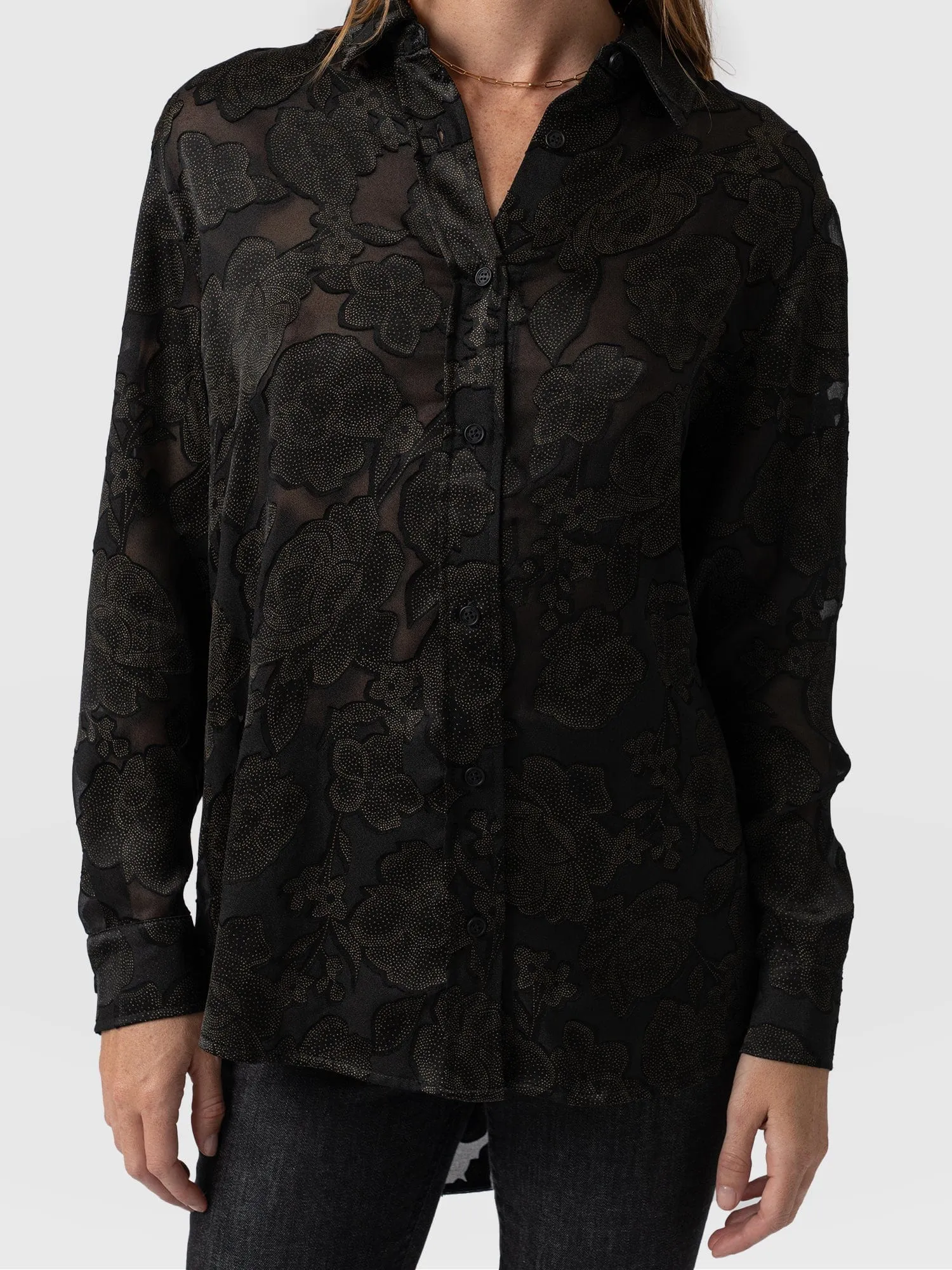 Boyfriend Shirt - Black & Gold Floral Burnout