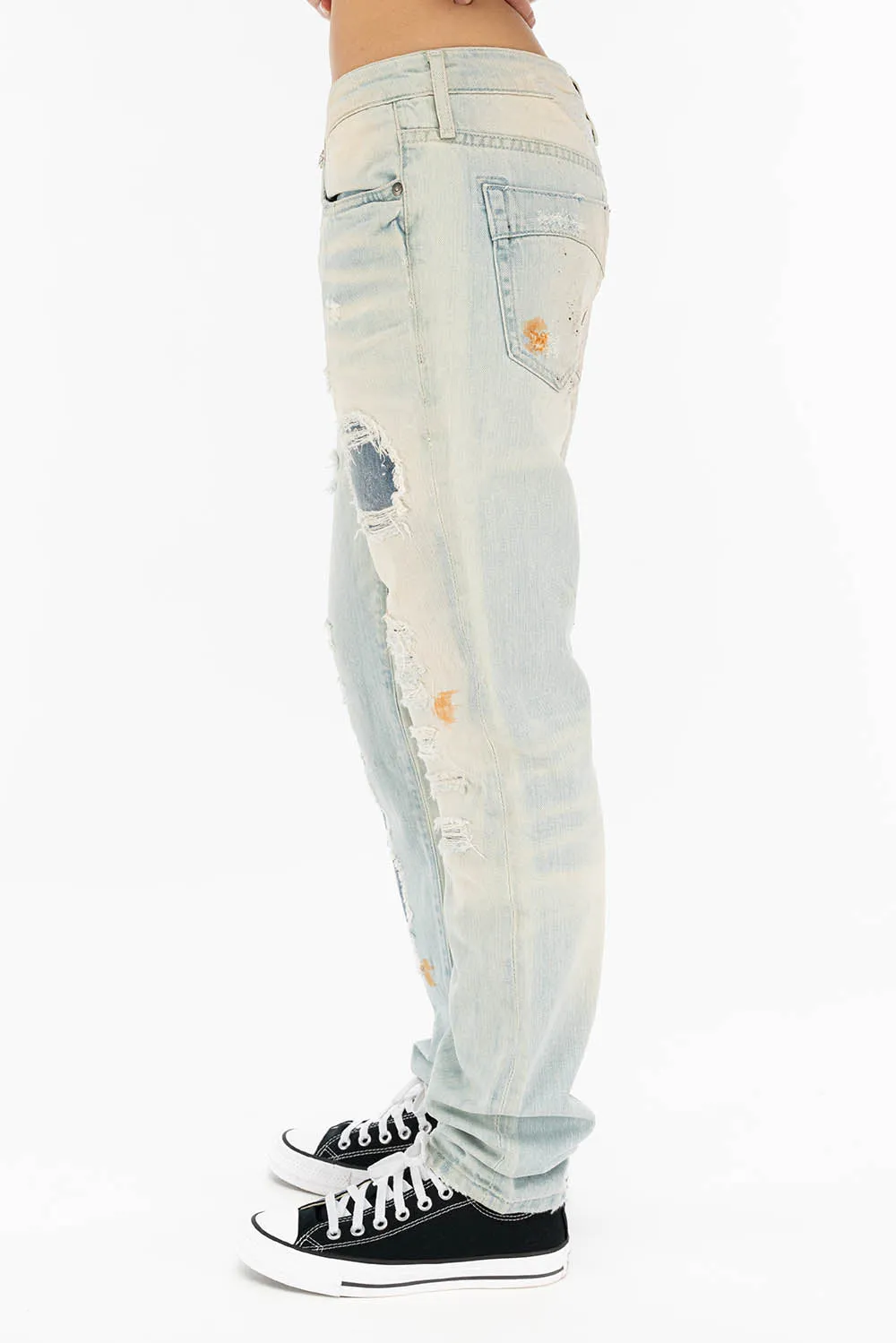 BOYFRIEND STYLE WOMENS PATCHED JEANS IN GEORGE WASH