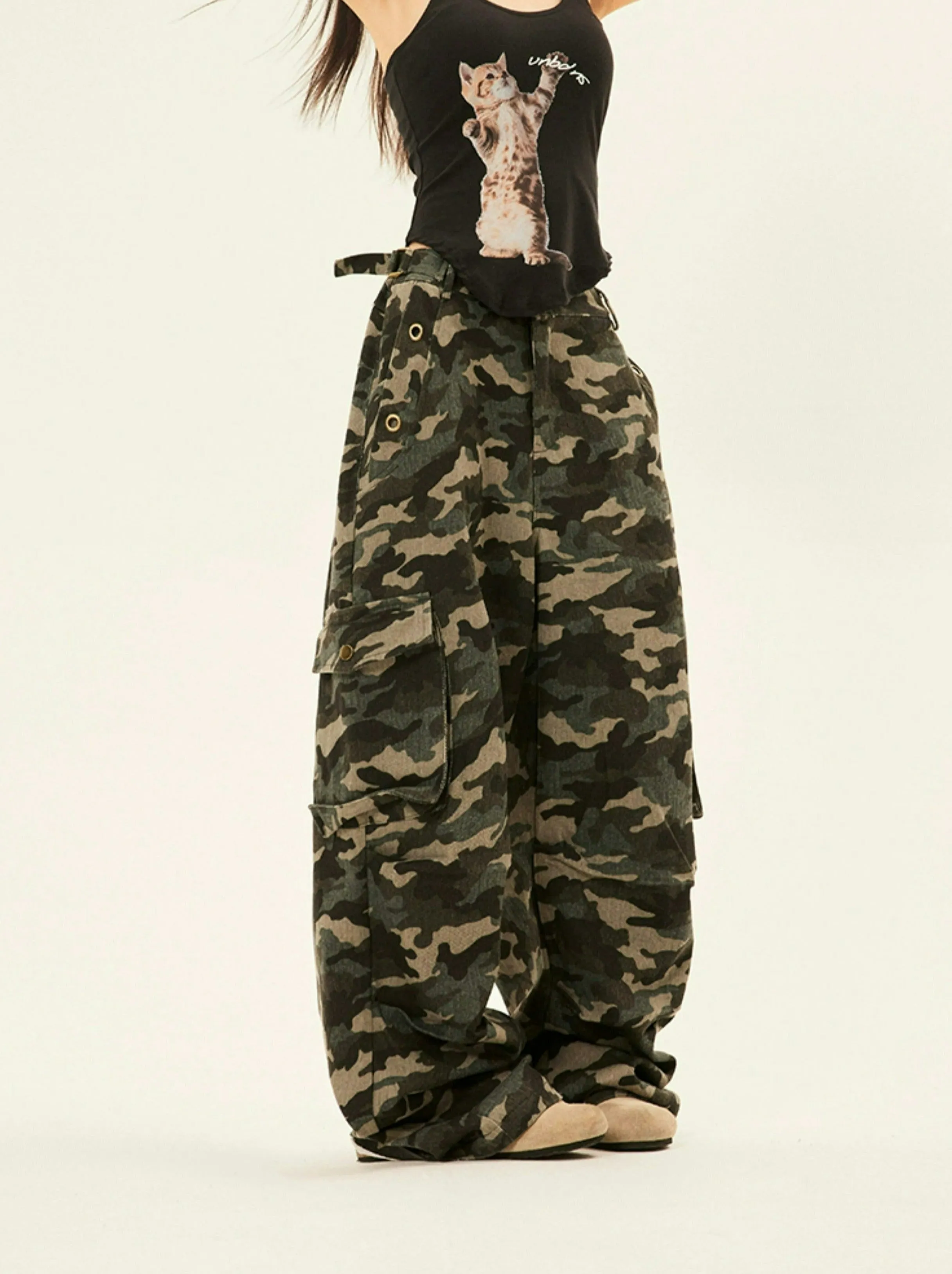 Camouflage Cargo Trousers with Double Side Belt Straps