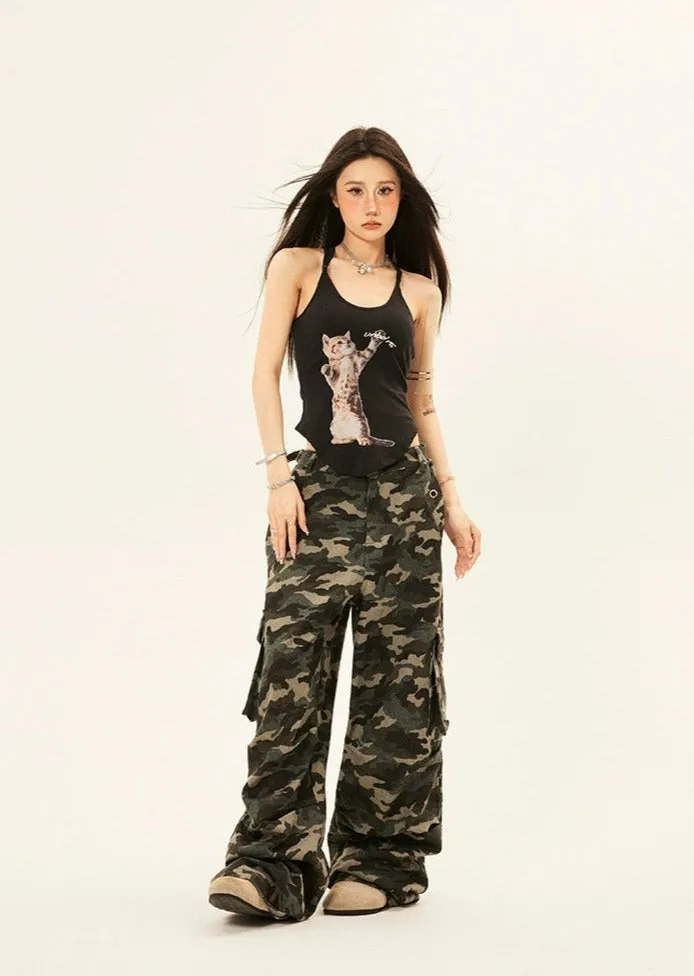 Camouflage Cargo Trousers with Double Side Belt Straps