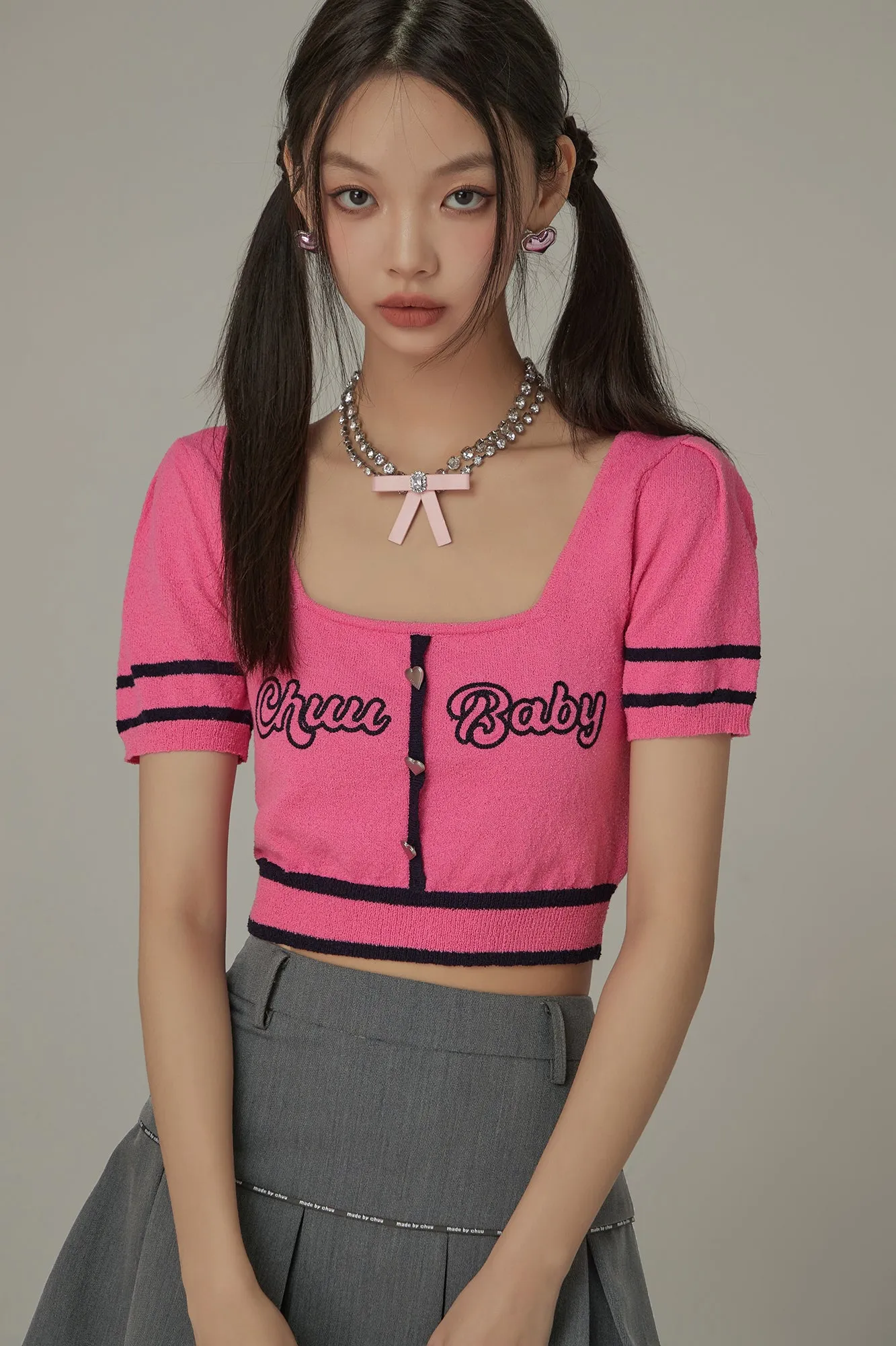 Chuu Baby Square Neck Heart Button Crop Kniit Top