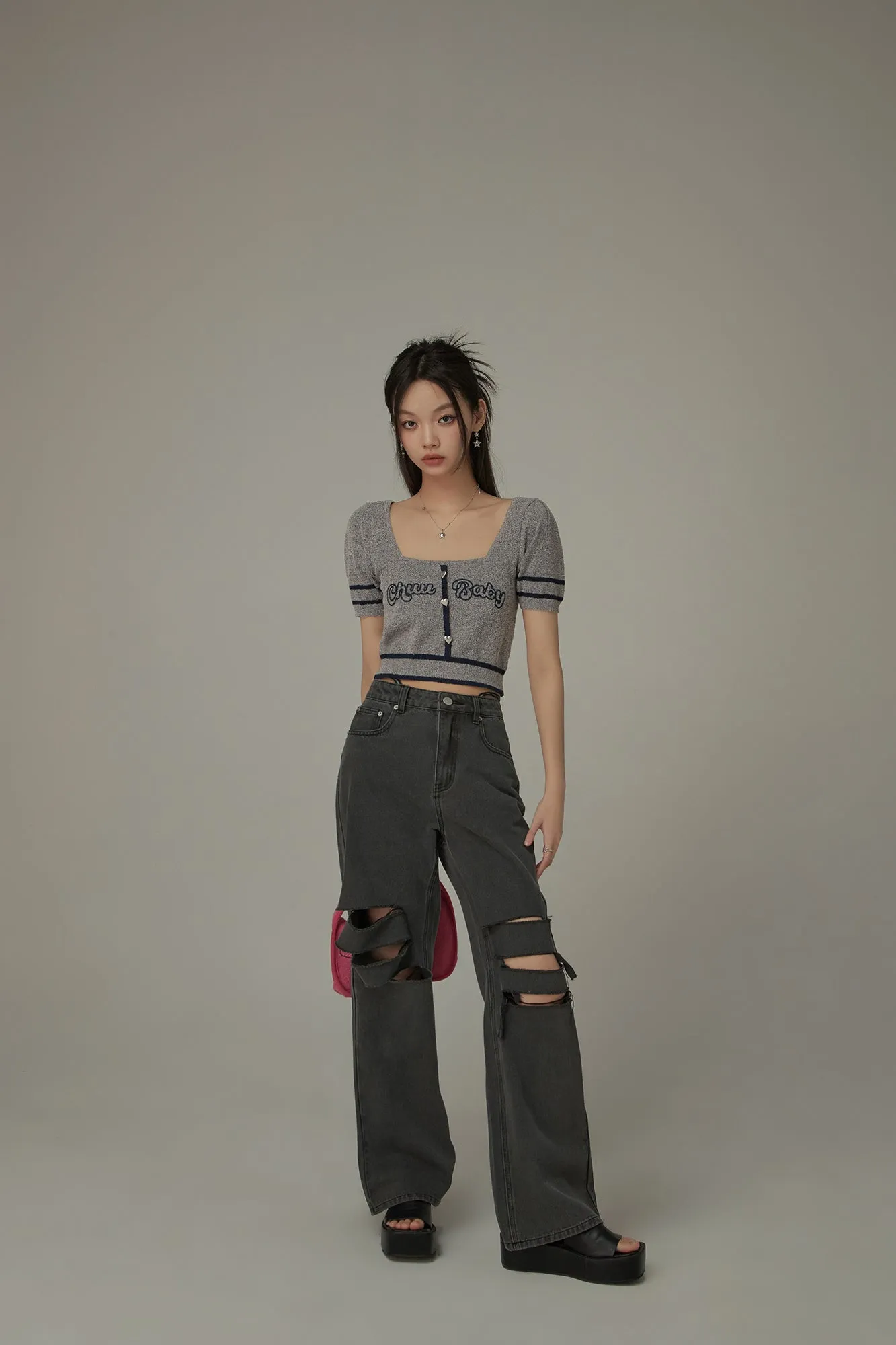 Chuu Baby Square Neck Heart Button Crop Kniit Top