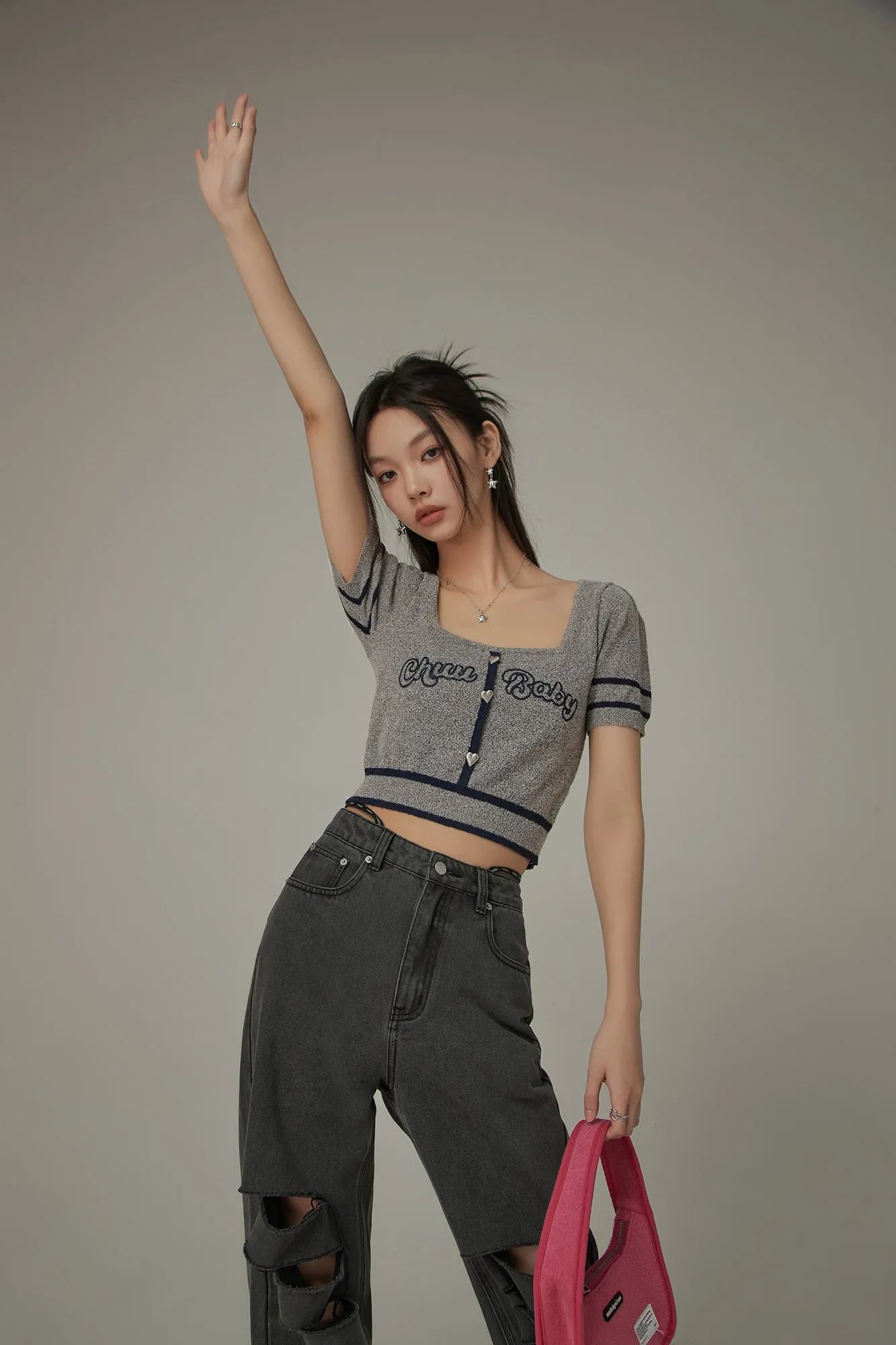 Chuu Baby Square Neck Heart Button Crop Kniit Top