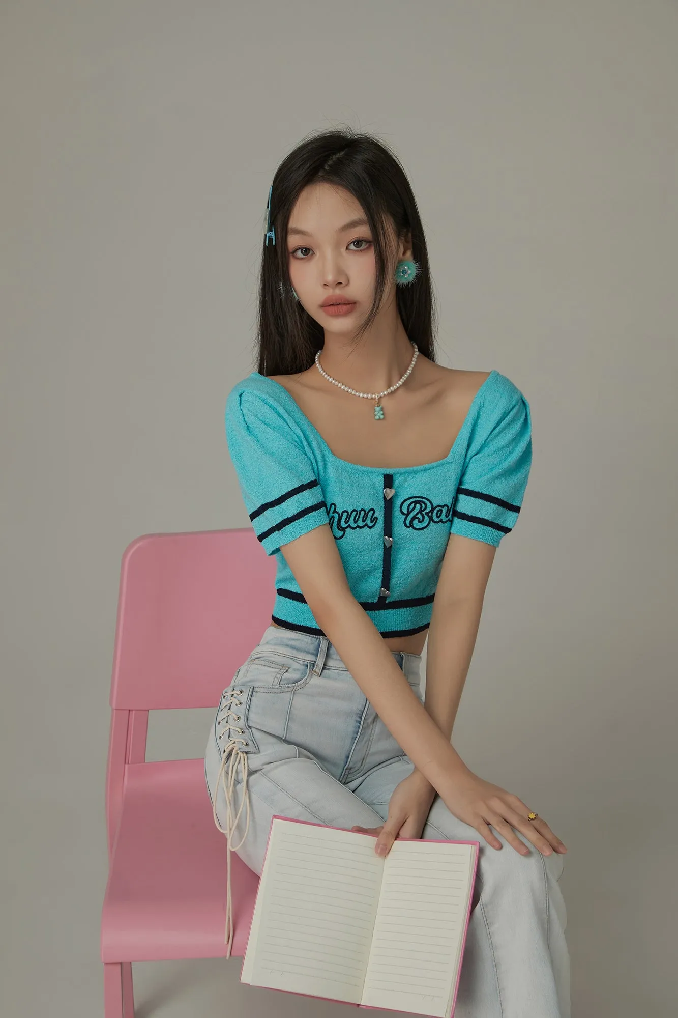 Chuu Baby Square Neck Heart Button Crop Kniit Top