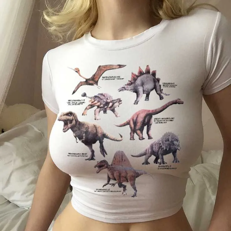 Cool Graphic Prints Jurassic Dinosaur Short Sleeve Crop Top Tee Shirt