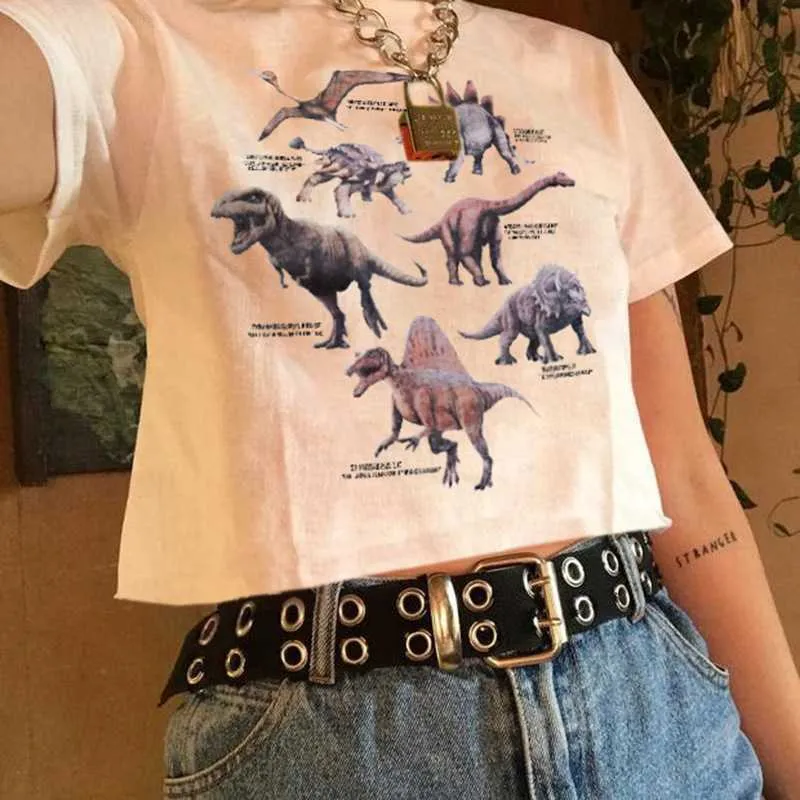 Cool Graphic Prints Jurassic Dinosaur Short Sleeve Crop Top Tee Shirt