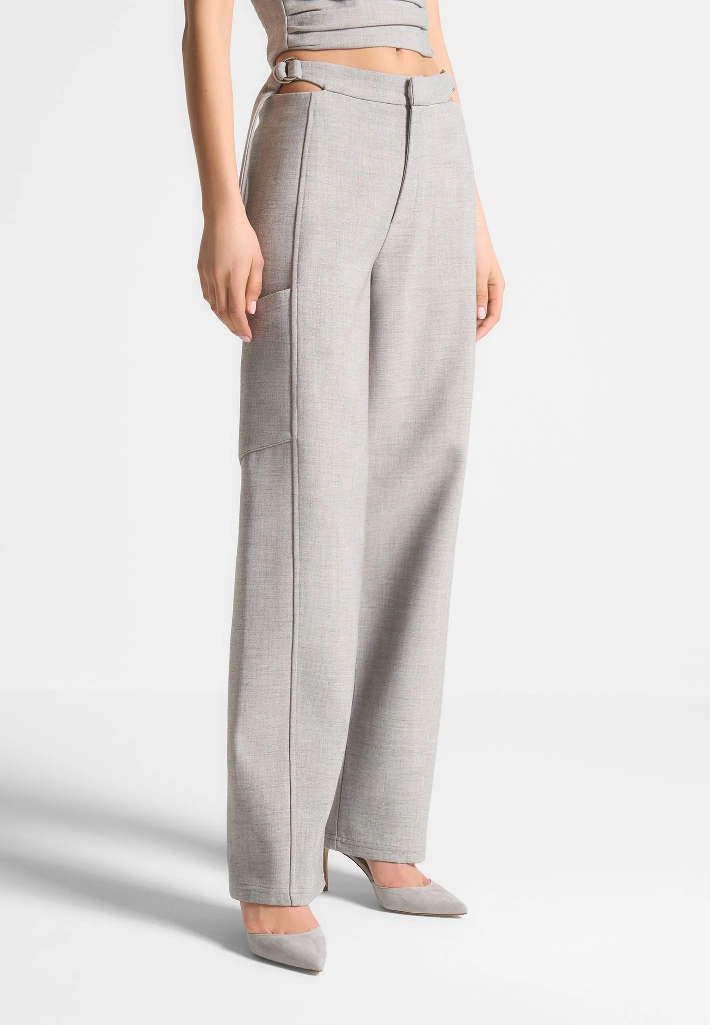 Cut Out Melange Tailored Trousers - Beige