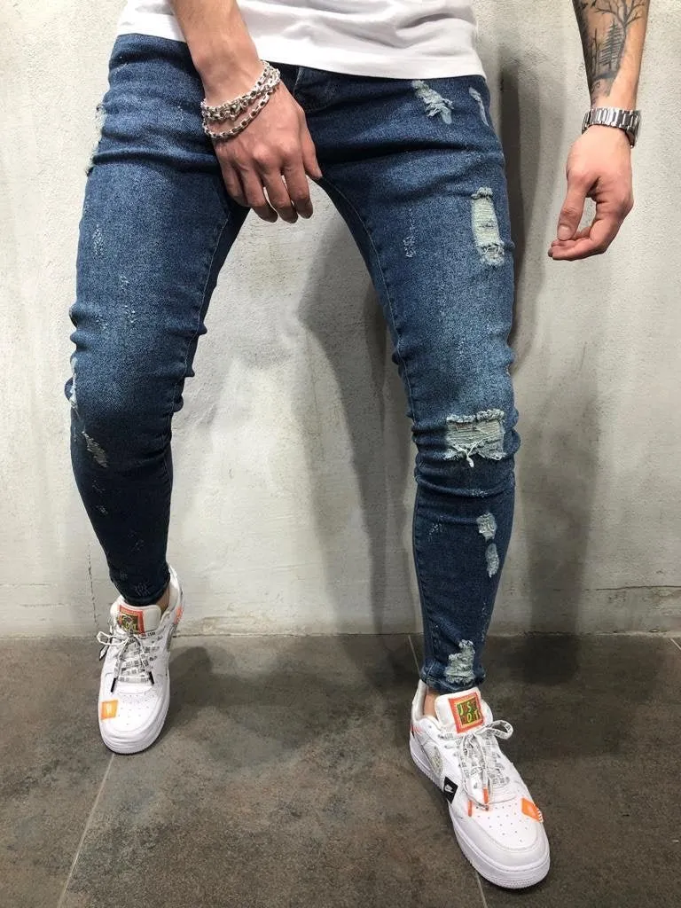 Dark Blue Distressed Skinny Fit Denim AY369 Streetwear Jeans