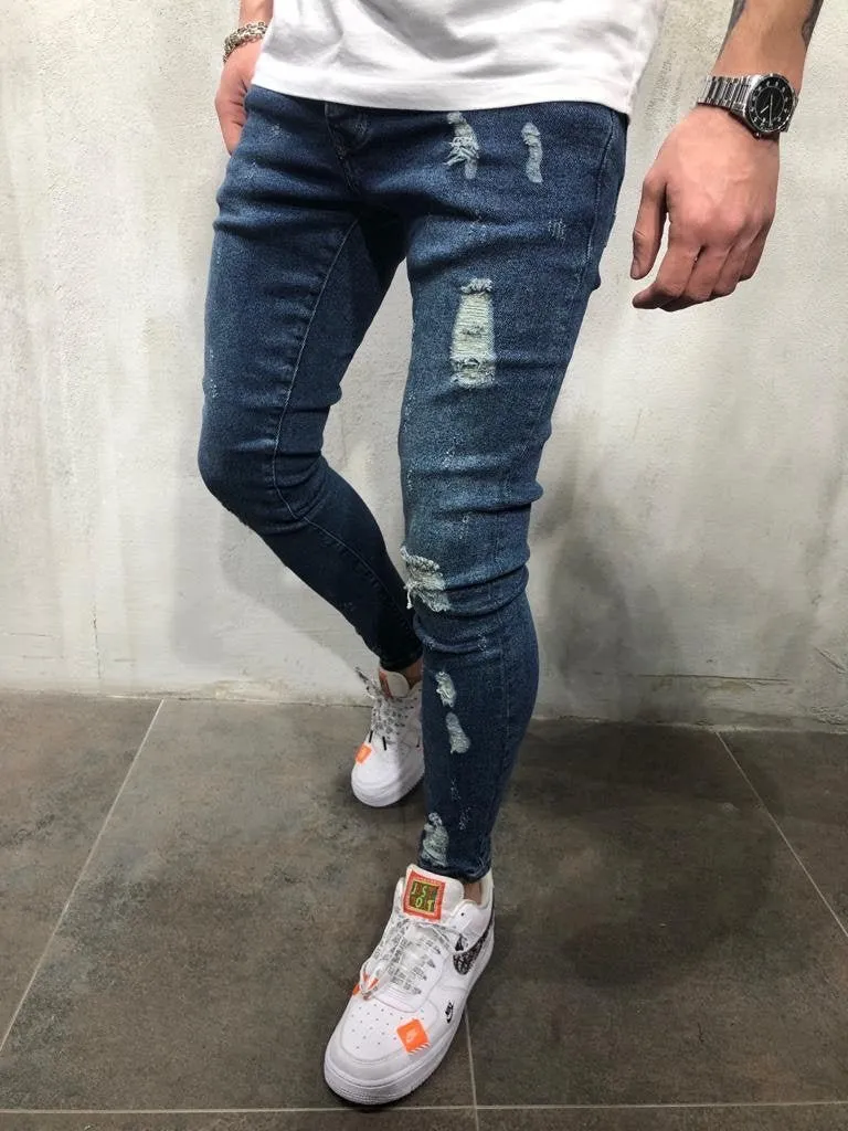 Dark Blue Distressed Skinny Fit Denim AY369 Streetwear Jeans