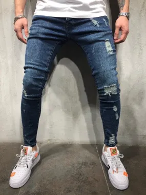 Dark Blue Distressed Skinny Fit Denim AY369 Streetwear Jeans