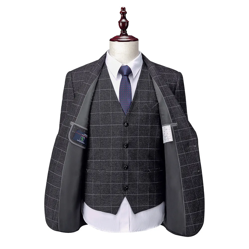 Dark Grey Mens 3 Piece Slim fit Checked Suit Breasted Vintage Suits | 1707