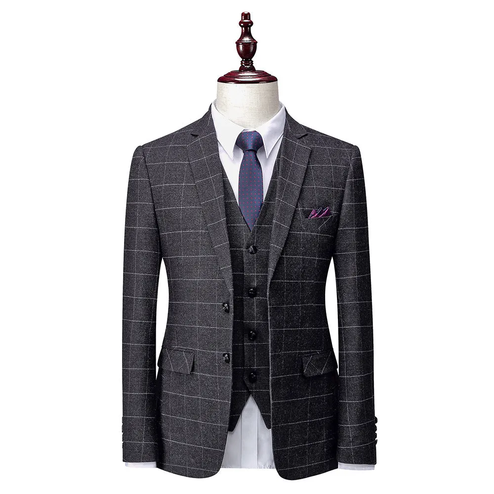 Dark Grey Mens 3 Piece Slim fit Checked Suit Breasted Vintage Suits | 1707