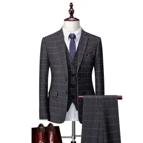 Dark Grey Mens 3 Piece Slim fit Checked Suit Breasted Vintage Suits | 1707