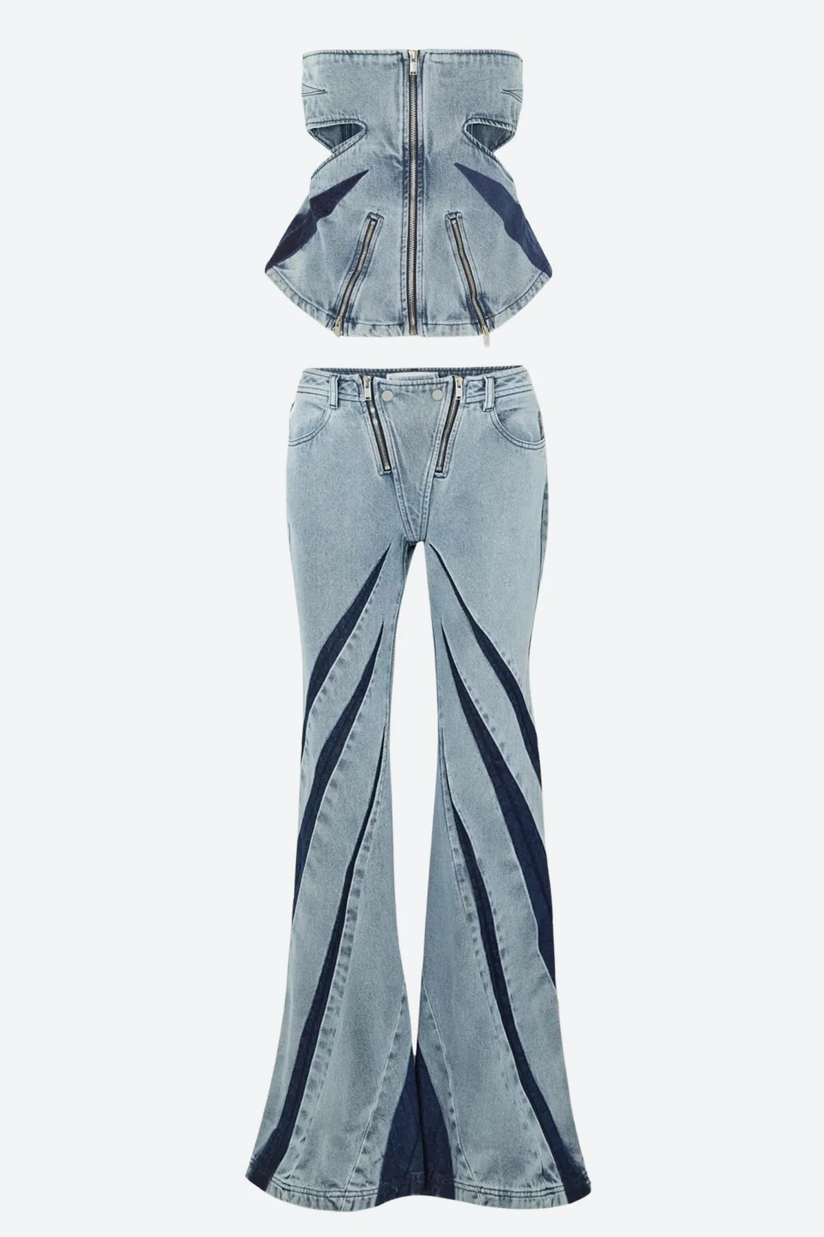 Denim Cut Out Tube Top & Patch Jeans Two Piece Set