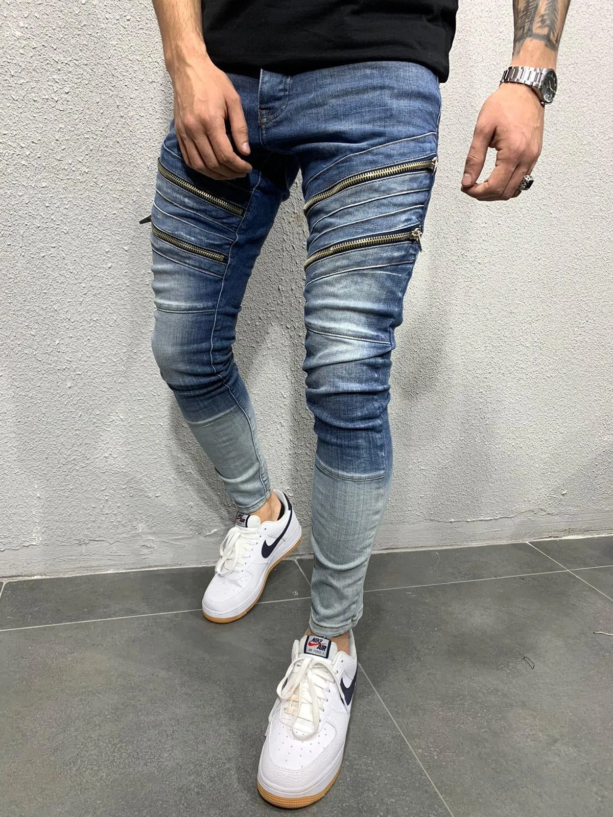 Double Blue Coloured Zipped Ripped Skinny Fit Jeans AY631 Streetwear Jeans