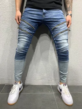 Double Blue Coloured Zipped Ripped Skinny Fit Jeans AY631 Streetwear Jeans