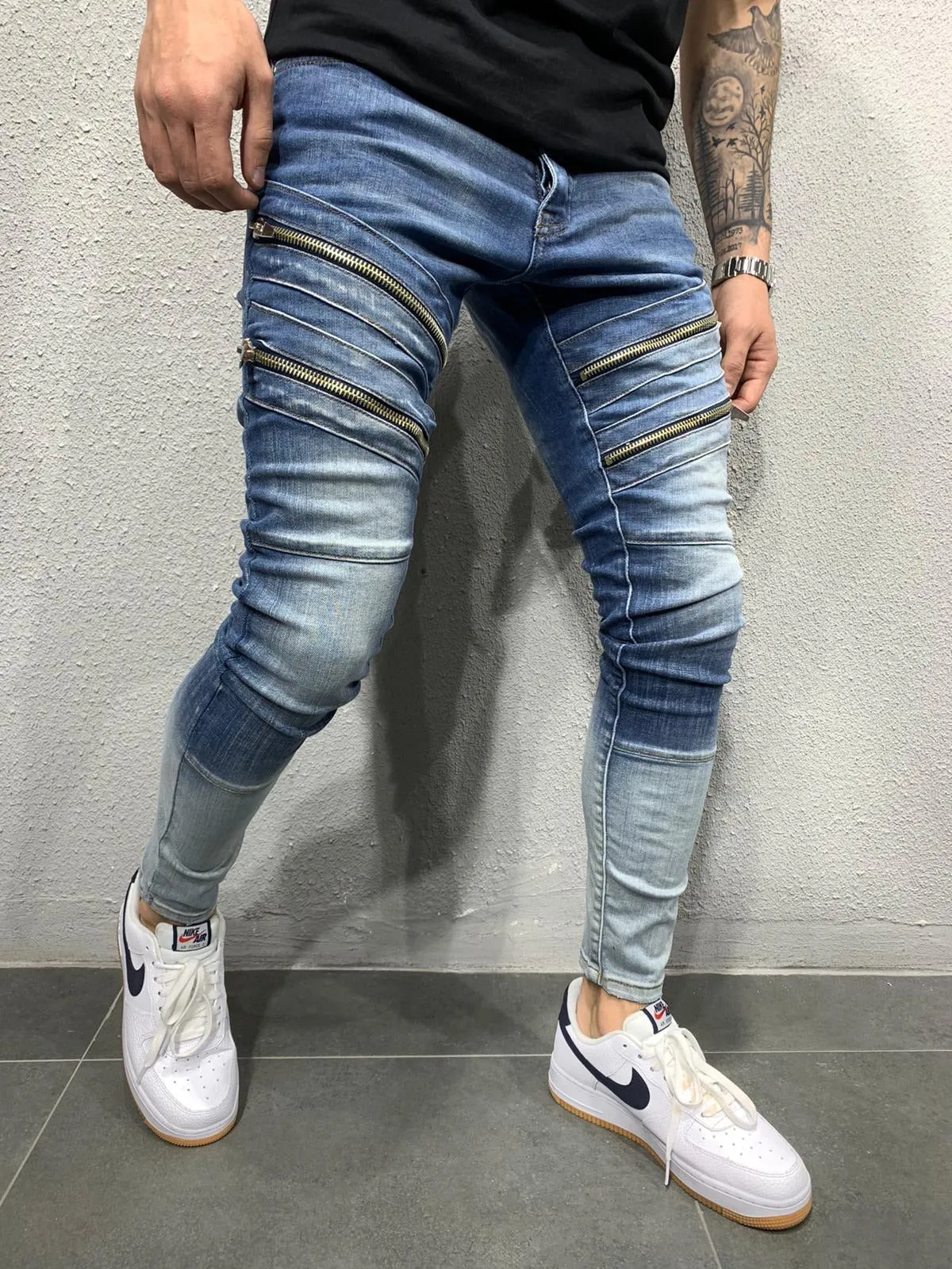 Double Blue Coloured Zipped Ripped Skinny Fit Jeans AY631 Streetwear Jeans