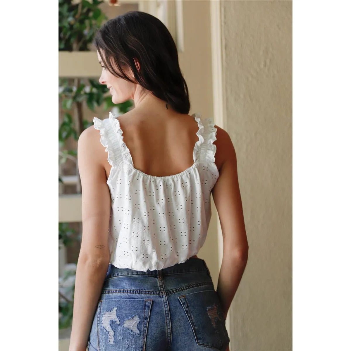 Embroidered Ruffle Trim Strap Sleeveless Crop Top