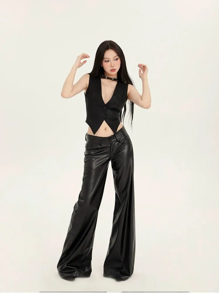 Faux Leather Wide-Leg Low-Rise Trousers