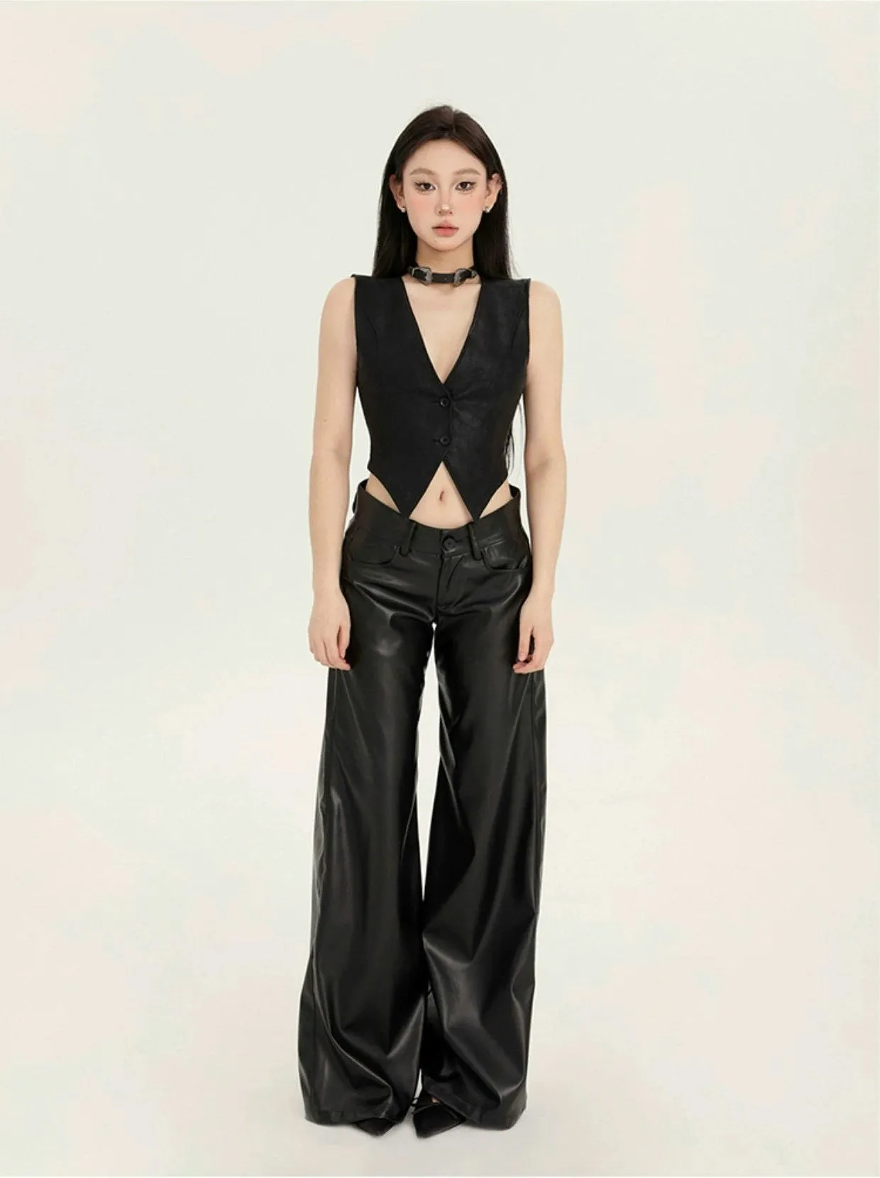 Faux Leather Wide-Leg Low-Rise Trousers